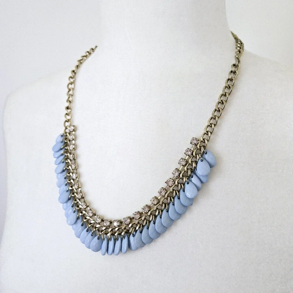 Statement Necklace Blue Beaded Rhinestone Chain Classic Retro Cocktail Party 22
